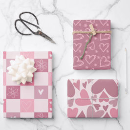 Roze harten Valentijnsdag Love Retro Checker Inpakpapier Vel