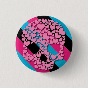 Roze hartschedel op strepen ronde button 3,2 cm