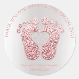 Roze hartslag Baby shower Glitter Bedankt meisje Ronde Sticker