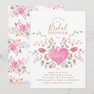 Roze hartslag en bloemen Bridal Shower Uitnodiging