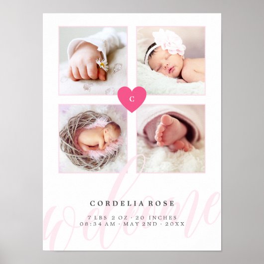 Roze hartsmonogram Baby Foto Collage Poster (Voorkant)