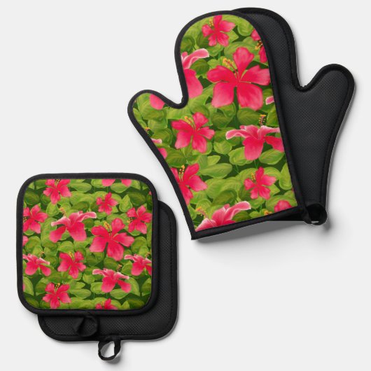 Roze Hawaiaanse Hibiscus Bloem Patroon Ovenwant & Pannenlap Set (Voorkant / Achterkant)