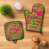 Roze Hawaiaanse Hibiscus Bloem Patroon Ovenwant & Pannenlap Set (Top down)