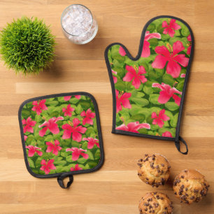 Roze Hawaiiaans Hibiscus Bloempatroon Ovenwant & Pannenlap Set