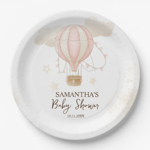 Roze Heet Luchtballon Wolken Baby Borrel Papieren Bordje