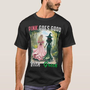 Roze heks gaat goed met groene Halloween heks T-shirt