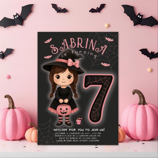 Roze heks Halloween verjaardag uitnodiging
