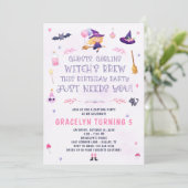 Roze heks verjaardagsfeestje uitnodiging (Staand voorkant)