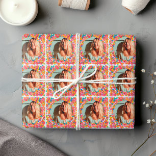 Roze helder bloemendisco bal Happy Birthday-foto Cadeaupapier