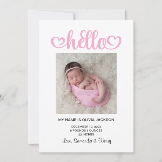 Roze Hello Hearts Script Geboorte Aankondiging (Voorkant)