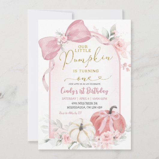 Roze Herfst Bloemen Coquette Pompoen Eerste Verjaa Kaart (Voorkant)