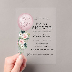 Roze Het is een meisje ballon baby shower  Acryl Uitnodigingen