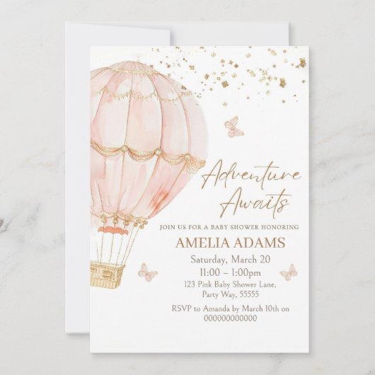 Roze Hete Luchtballon Baby shower Uitnodiging, Mei Kaart (Voorkant)