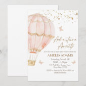 Roze Hete Luchtballon Baby shower Uitnodiging, Mei Kaart (Voorkant / Achterkant)