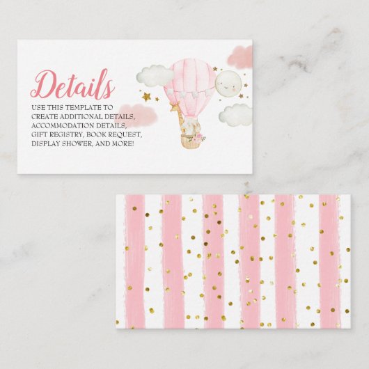 Roze Hete Luchtballon Dieren Details Kaart (Voorkant / Achterkant)