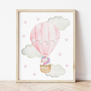 Roze hete luchtballon, eenhoorn, sterren, meisjesk poster