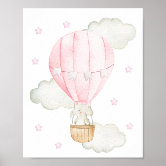 Roze hete luchtballon, olifant, ster, meisjeskamer poster (Voorkant)
