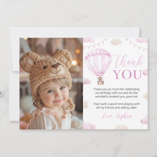 Roze Hete Luchtballon Verjaardagsfoto Dank u kaart (Voorkant)