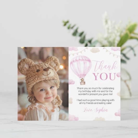 Roze Hete Luchtballon Verjaardagsfoto Dank u kaart (Staand voorkant)