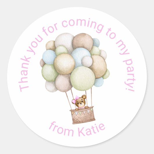 Roze heteluchtballonfeestje ronde sticker (Voorkant)