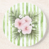 Roze Hibiscus Bloem Groen Strepen   Zandsteen Onderzetter (Voorkant)