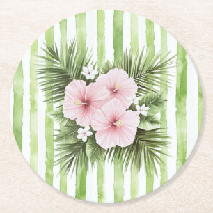 Roze Hibiscus Bloem Groene Strepen Bruidsdouche Ronde Kartonnen Onderzetter