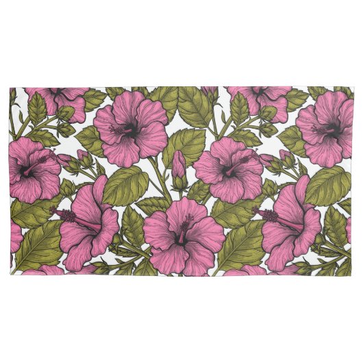 Roze hibiscus bloemen kussensloop (Voorkant-Links)