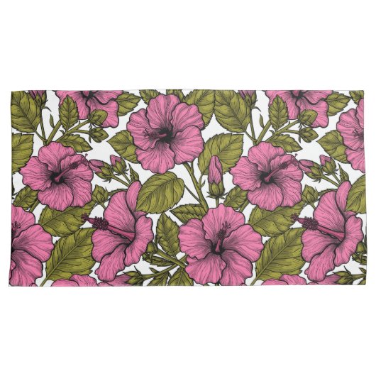 Roze hibiscus bloemen kussensloop (Voorkant-Rechts)