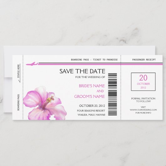 Roze hibiscus boarding pass Save the Date Cards (Voorkant)