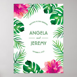 Roze Hibiscus en Tropische Leaves Wedding Poster