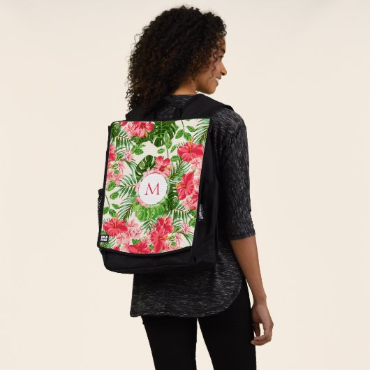 Roze Hibiscus Flower Monogram rugzak Rugtassen (Gedragen)