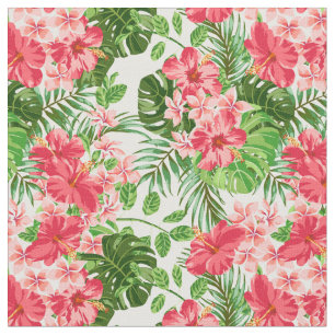 roze hibiscus flower Palm Leaves Fabric Stof