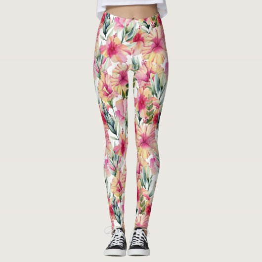 Roze Hibiscus Garden Leggings (Voorkant)