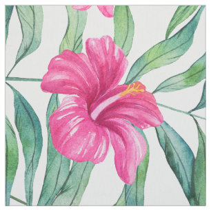 Roze hibiscus met groen blad tropisch patroon stof