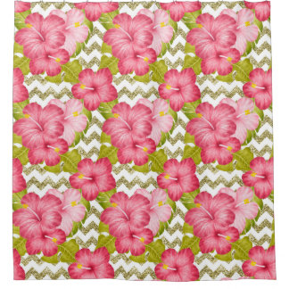 ROZE HIBISCUS MET GROENE ZIG ZAG STREPEN DOUCHEGORDIJN