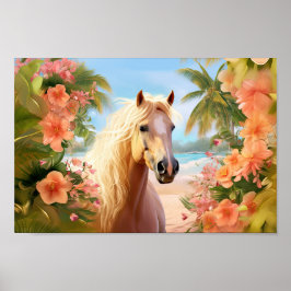 Roze Hibiscus Strand Palomino Paard Poster