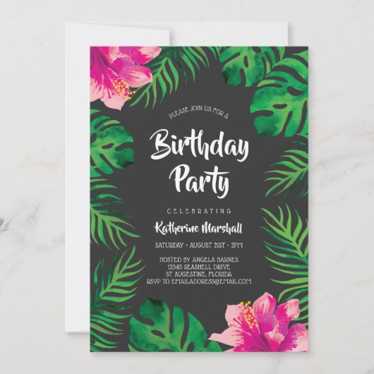 Roze Hibiscus Tropical Leaves Birthday Party 2 Kaart (Voorkant)