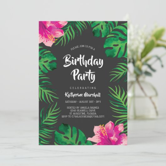 Roze Hibiscus Tropical Leaves Birthday Party 2 Kaart (Staand voorkant)