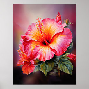 Roze Hibiscus Tropische Bloemige Muurkunst Poster