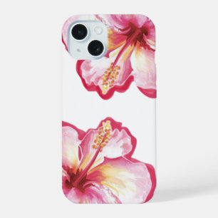 Roze Hibiscus Watercolor Kunst iPhone 15 Hoesje