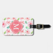 Roze Hibiscus Waterverf Bloemen Monogram Bagagelabel (Voorkant horizontaal)