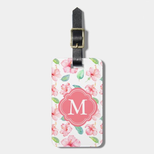 Roze Hibiscus Waterverf Bloemen Monogram Bagagelabel (Voorkant verticaal)