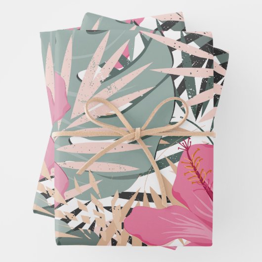 Roze Hibiscusbloemen en grote tropische bladeren Inpakpapier Vel (In situ)