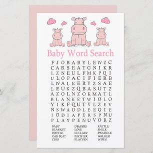 Roze Hippo Baby shower Word Search Game