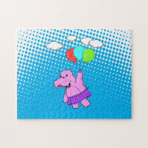 Roze hippo die vliegt met ballonnen en die een bab legpuzzel