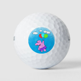 Roze hippo die vliegt met ballonnen golfballen