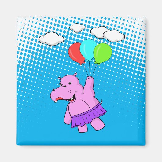 Roze hippo die vliegt met ballonnen magneet (Voorkant)