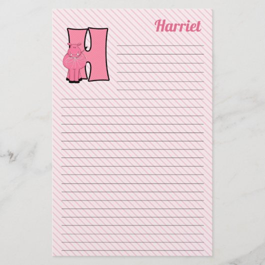 Roze Hippo Mongrammed Letter H Lined Briefpapier (Voorkant)