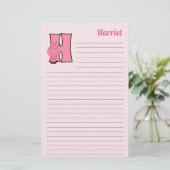 Roze Hippo Mongrammed Letter H Lined Briefpapier (Staand voorkant)