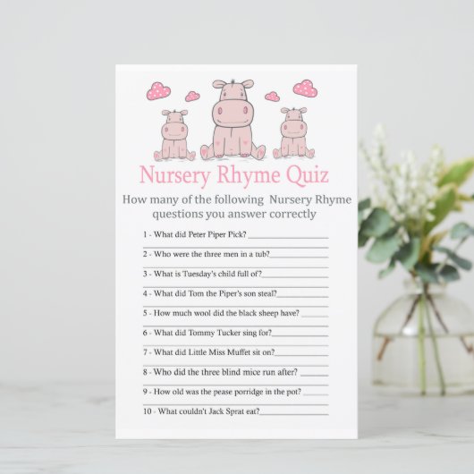 Roze Hippo Nursery Rhyme Quiz baby shower game (Staand voorkant)